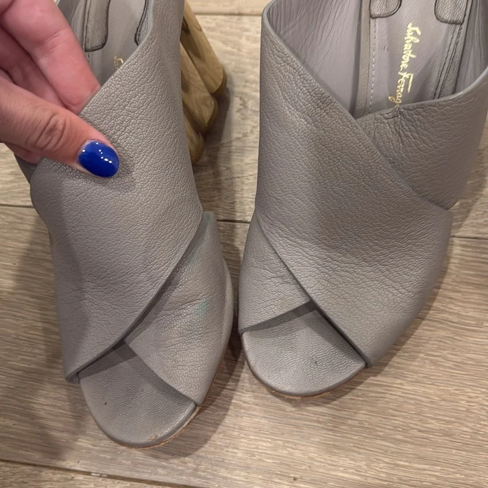 Salvatore Ferragamo Gray and Gold Mules with Sculptural Heel - Picture 8 of 9